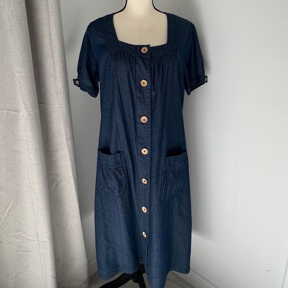 Vintage Vicki Blue Short Sleeve Jean Dress Dark Wash Denim Button Down Size L - Picture 1 of 8